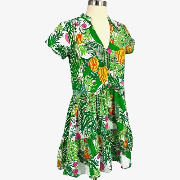 La Plage Alison Short Sleeve Dress Size XS Green Banana Jungle 100% Cotton - Picture 9 of 12